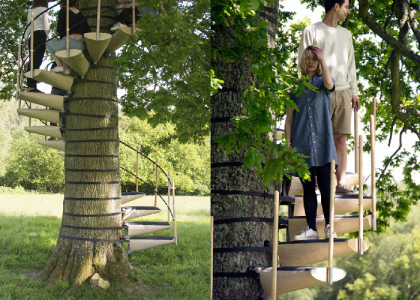 Essa escada giratória acoplável permite explorar o topo de qualquer árvore