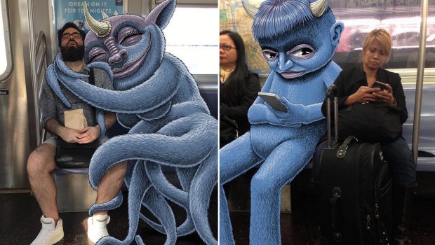 Artista desenha criaturas ao lado de passageiros do metrô